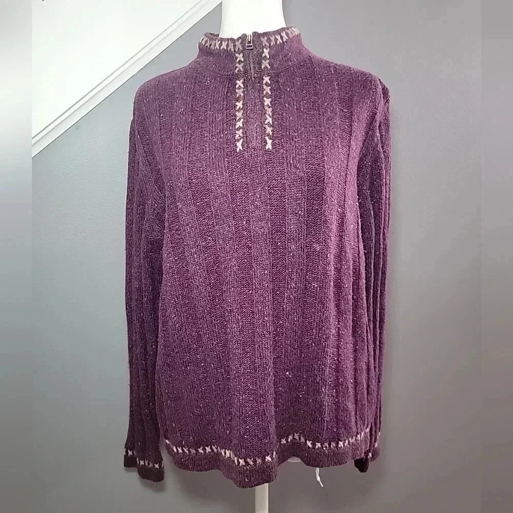 Vintage Woolrich 1/4 Zip Fisherman Sweater Womens L Purple Wool/Ramie Blend